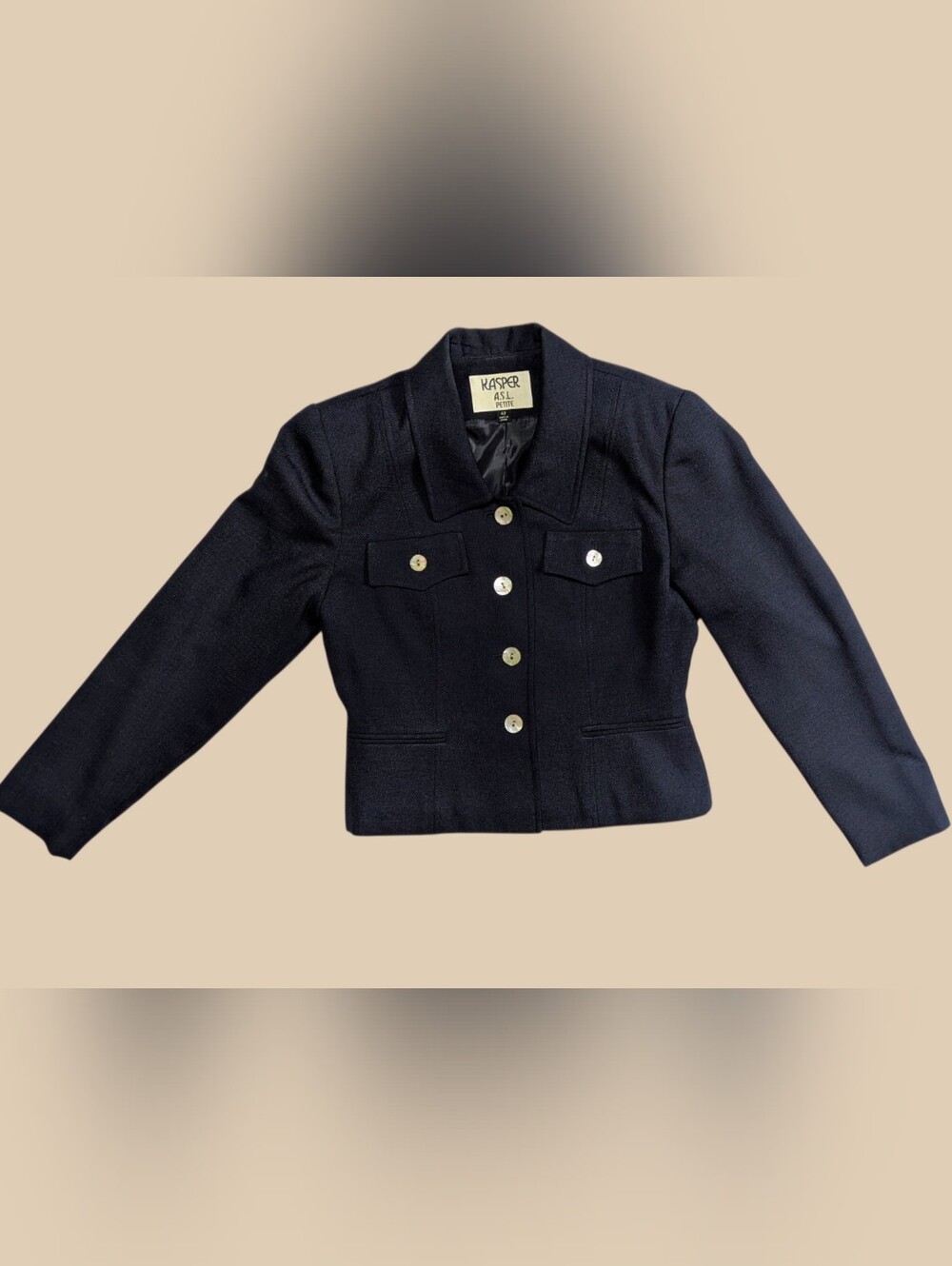 90s Kasper Navy Tailored Cropped Blazer with Button Front